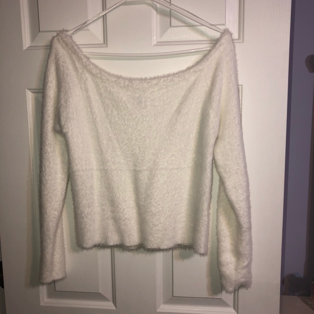White fuzzy off the shoulder top